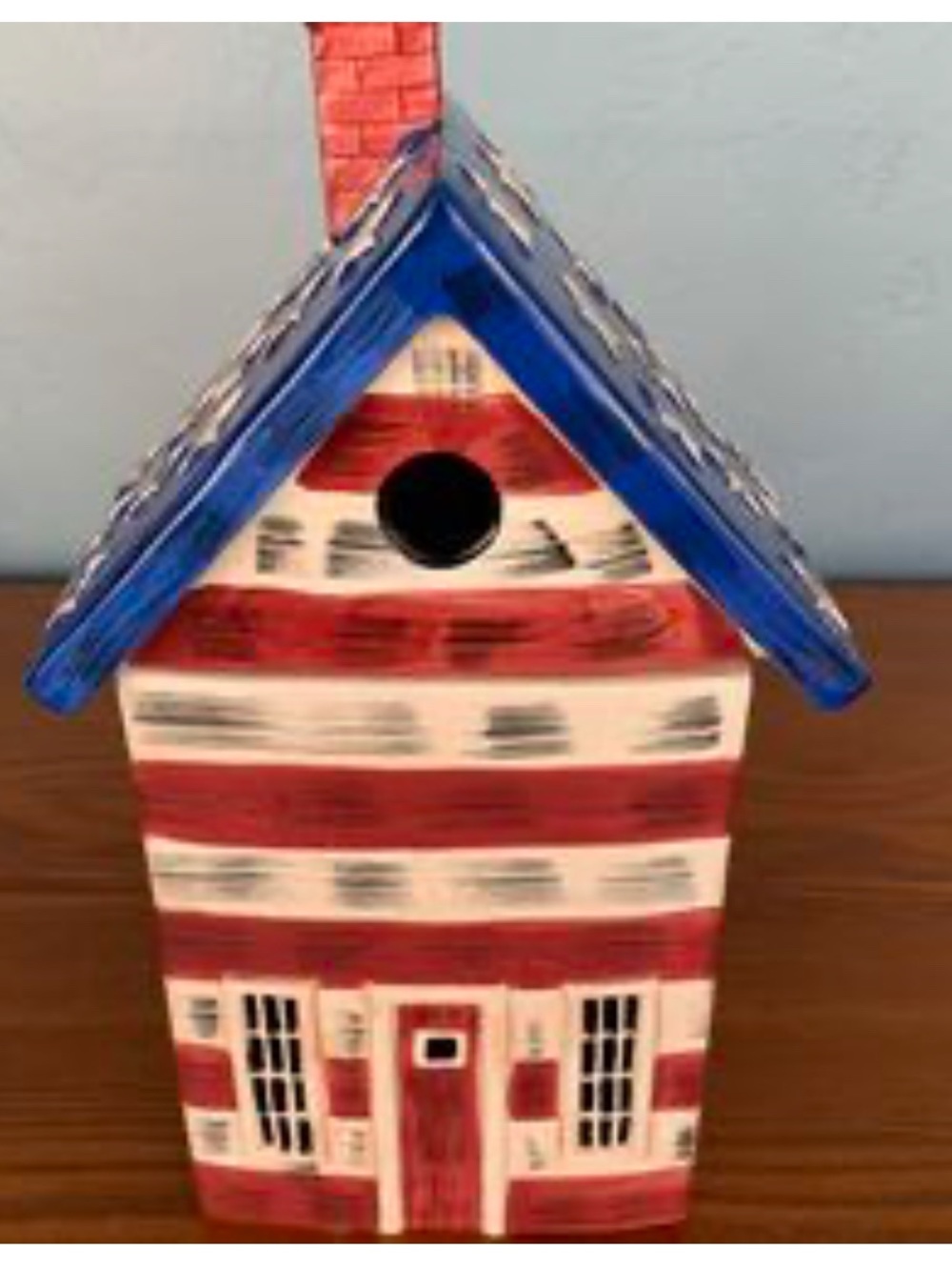 Vintage 90s Sakura Red Blue schoolhouse cookie jar hand painted Kimble Imported
